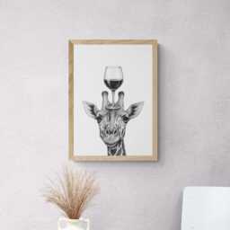 Giraffe Art Print, Funny Animal & Wine Drawing, Lover Wall Decor, Lovers Gifts - thumbnail 2