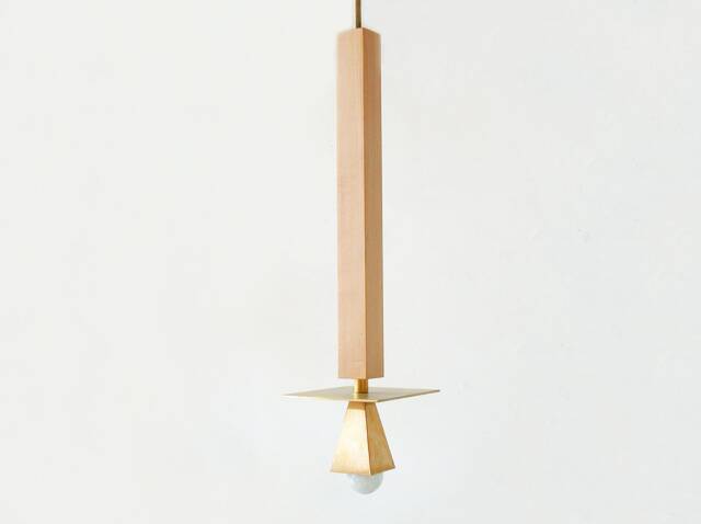 Square Brass & Maple Art Deco Unique Pendant Light Designer Vanity Powder Room Lamp - image 1