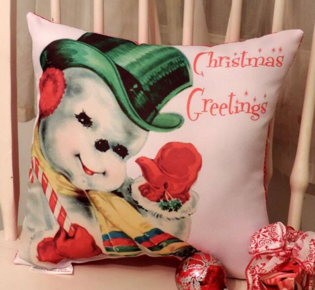 "Handmade Retro Vintage Kitsch Snowman Throw Pillow ""Christmas Greetings" - image 1