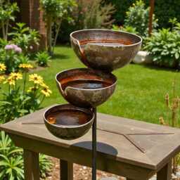 Rain Catcher Garden Stake, Metal Bird Bath, Bee & Butterfly Feeder Decor - thumbnail 2