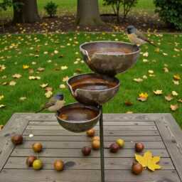 Rain Catcher Garden Stake, Metal Bird Bath, Bee & Butterfly Feeder Decor - thumbnail 1