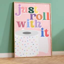 Just Roll With It - Wall Print, Poster, Funky, Bathroom Decor, Pink, Slogan Groovy, Retro, Multicolour, Pastel 5x7/A5/A4/A3/A2/8x10 - thumbnail 2