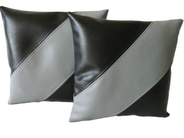 "2 Black & Grey Diagonal Stripe Faux Leather Cushion Covers 16"" 18"" 20" - image 1