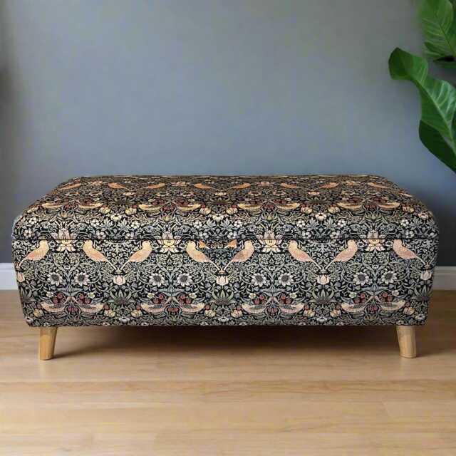 William Morris Storage Footstool, Strawberry Thief Ottoman Box With Angled Wooden Legs - image 1