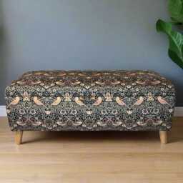 William Morris Storage Footstool, Strawberry Thief Ottoman Box With Angled Wooden Legs