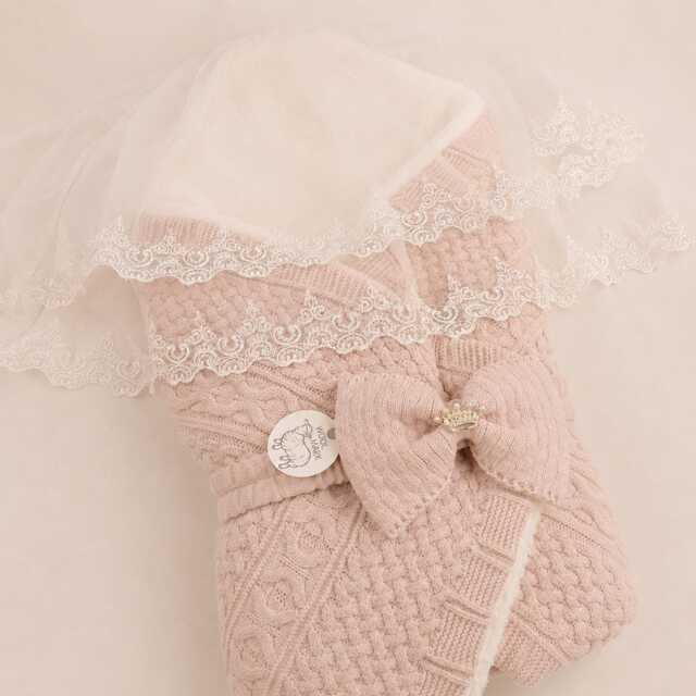 Luxury Knitted Baby Swaddle With Lace Veil, Girl Coming Home Outfit, Soft Newborn Cocoon, Receiving Blanket, Shower Gift - image 1