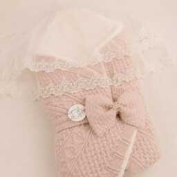 Luxury Knitted Baby Swaddle With Lace Veil, Girl Coming Home Outfit, Soft Newborn Cocoon, Receiving Blanket, Shower Gift - thumbnail 1