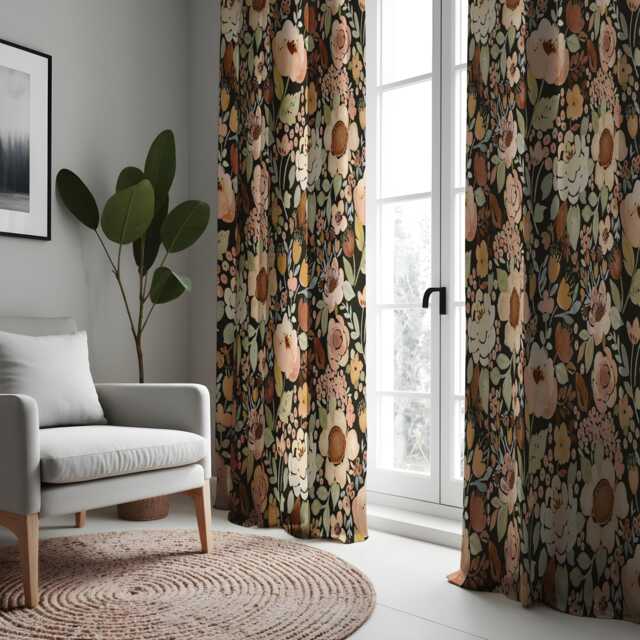 Floral Curtains, Classic Flower Print Drapes, Dark Green & Beige Window Treatment, Large Made To Order Curtain Panels - image 1