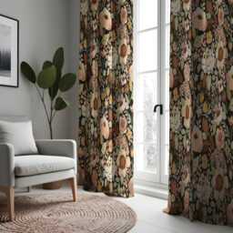 Floral Curtains, Classic Flower Print Drapes, Dark Green & Beige Window Treatment, Large Made To Order Curtain Panels - thumbnail 1