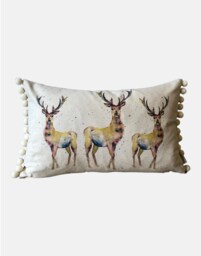 stag Cushion Organic Linen Watercolor Art, Wool Back