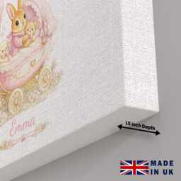 Personalised Name Pink Bunny Rabbit Pram Canvas Wall Art Custom Colour Nursery Decor Baby Girl Bedroom Artwork Cute Keepsake Gift - thumbnail 3