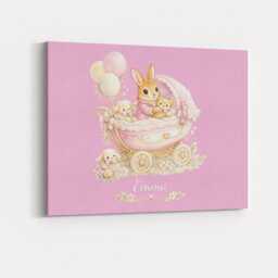 Personalised Name Pink Bunny Rabbit Pram Canvas Wall Art Custom Colour Nursery Decor Baby Girl Bedroom Artwork Cute Keepsake Gift