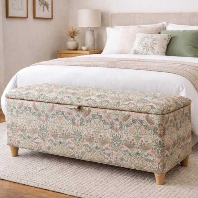 End-Of-Bed Storage in William Morris Velvet Handmade Strawberry Thief Ottoman Chest With Wooden Legs - image 1