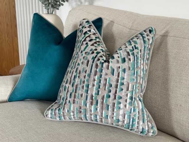 Teal Geometric Cushion Cover With Custom Piping - Luxury Bold Throw Pillow - Velluto - image 1