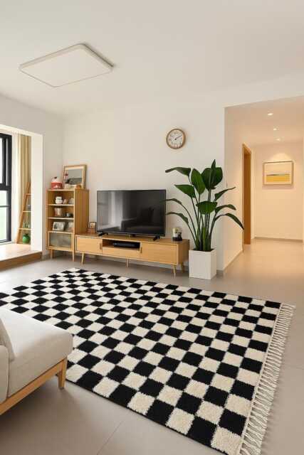 Handmade Moroccan Checkered Wool Rug Black & White Checkerboard - image 1