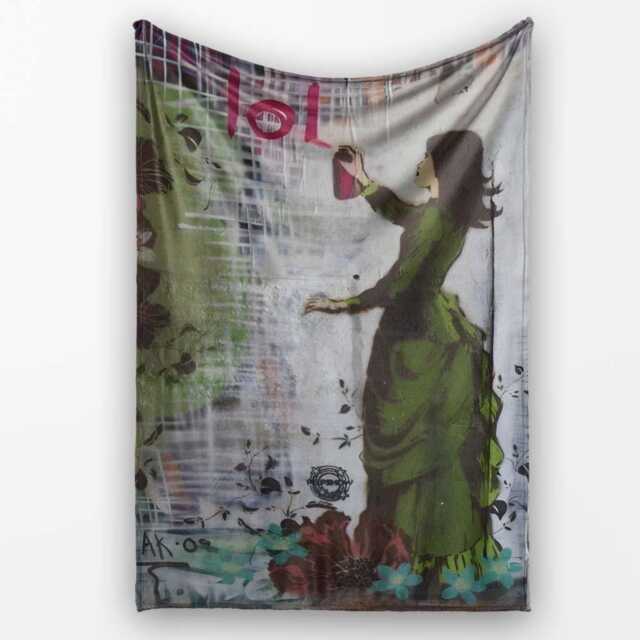 Woman in Green Dress Floral Urban Graffiti, Decorative Wall Art Style, Comfortable Everyday Use - Super Soft Fleece Blanket Bed Sofa Throw - image 1
