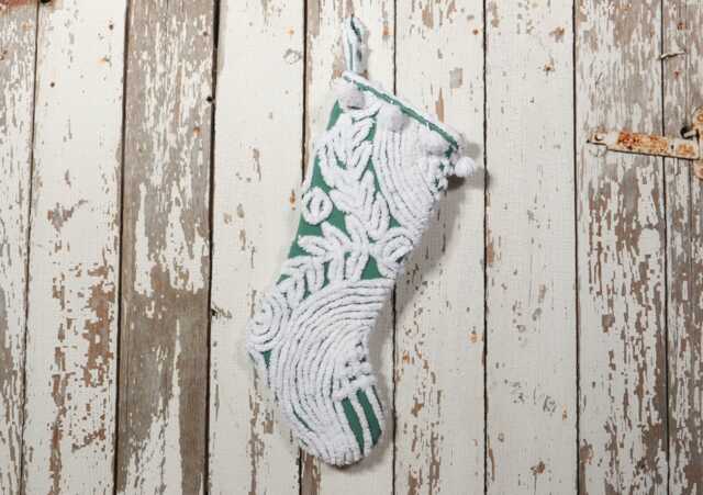 Green & White - Lush & Fluffy Vintage Chenille Christmas Stocking Pom Pom, Flower - image 1