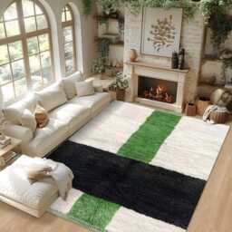 Authentic Modern Moroccan Rug - Green, Black & White Shag Rug, Custom Made Berber Carpet, Large Area - thumbnail 3