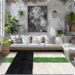 Authentic Modern Moroccan Rug - Green, Black & White Shag Rug, Custom Made Berber Carpet, Large Area - thumbnail 2