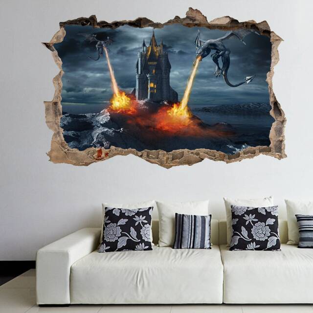 Dragon Fire Fantasy Castle Wall Sticker Mural Decal Print Art Kids Bedroom Decor cm39 - image 1