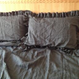 Set Of 3 Linen Duvet Set, Shabby Chic Pre Washed Linen Bedding, Ruffle Cover With 2 Matching Pillowcases in Dark Gray - thumbnail 2
