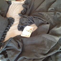 Set Of 3 Linen Duvet Set, Shabby Chic Pre Washed Linen Bedding, Ruffle Cover With 2 Matching Pillowcases in Dark Gray - thumbnail 3