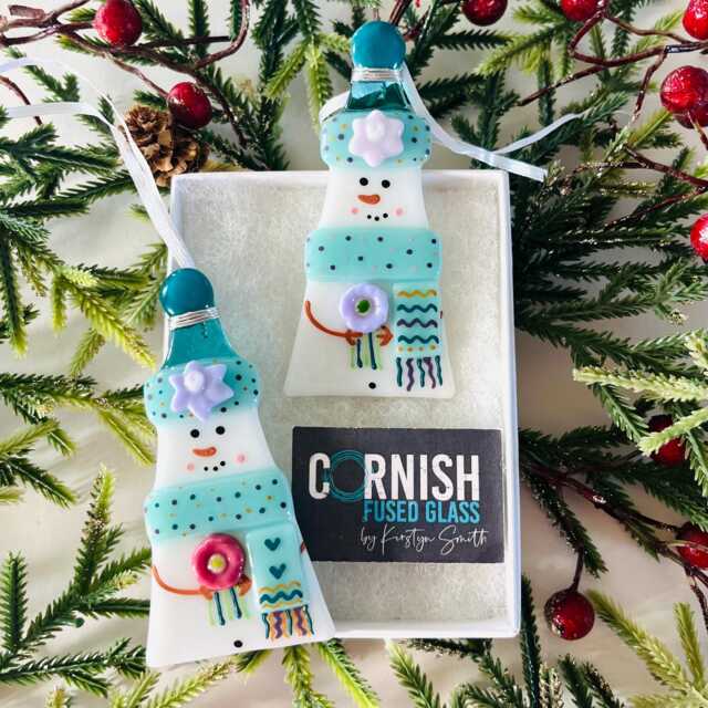 Snowman Fused Glass Christmas Tree Decoration, Cornwall, Cornish - image 1