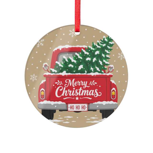 Red Vintage Truck With Christmas Tree Acrylic Ornament - Round Holiday - image 1