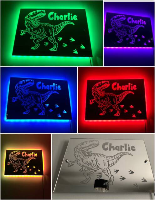 Dinosaur Light Up Mirror Personalised Engraved Acrylic Wall Led Sign. T-Rex, Bedroom, Nursery, Playroom, Name, Boys, Girls Gift, Green - image 1