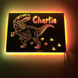 Dinosaur Light Up Mirror Personalised Engraved Acrylic Wall Led Sign. T-Rex, Bedroom, Nursery, Playroom, Name, Boys, Girls Gift, Green - thumbnail 3