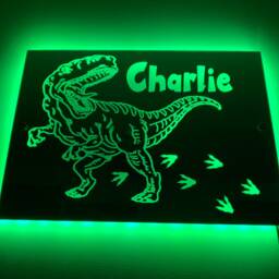 Dinosaur Light Up Mirror Personalised Engraved Acrylic Wall Led Sign. T-Rex, Bedroom, Nursery, Playroom, Name, Boys, Girls Gift, Green - thumbnail 2
