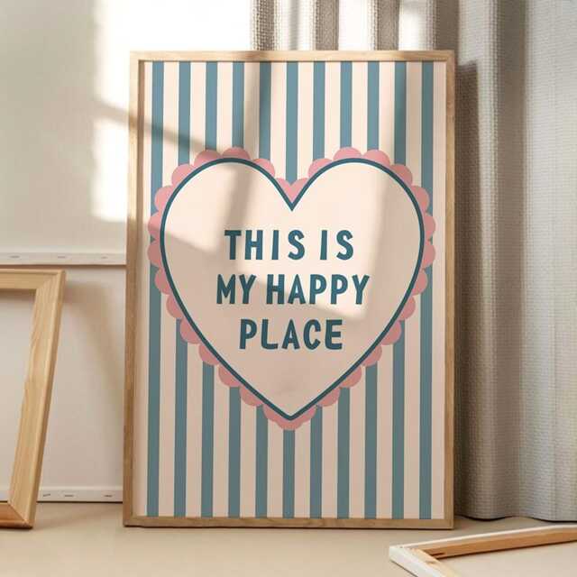 This Is My Happy Place Art Canvas Poster, Trendy Wall Art, Blue Love Heart Aesthetic Decor, Retro Home Printed Gift - image 1