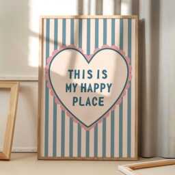 This Is My Happy Place Art Canvas Poster, Trendy Wall Art, Blue Love Heart Aesthetic Decor, Retro Home Printed Gift - thumbnail 1