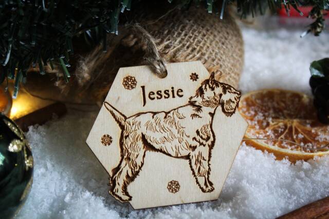 Schnauzer Personalised Wooden Bauble Ornament Dog Name Breed Gift Quirky Rustic Laser Wood Burned Ornate Lover Pet Decoration - image 1