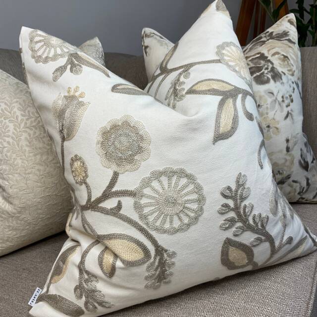 Decorative Cushion Cover - Beautiful Embroidered Designer Fabric Natural Colours Floral Double Sided Worldwide Shipping - image 1