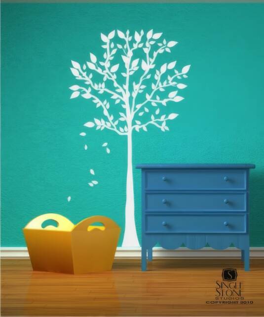 Tree Wall Decal With Falling Leaves - Vinyl Sticker Art Decals Custom Home Decor - image 1
