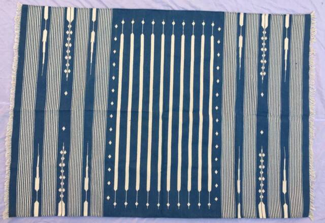 8x5 Indigo & White Stripes Cotton Rug Dhurrie - Pure & Flat Weave - image 1
