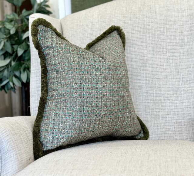 Green Printed Velvet Fringed Cushion Cover Throw Pillow Cover With Bespoke Fringe + All Sizes - image 1