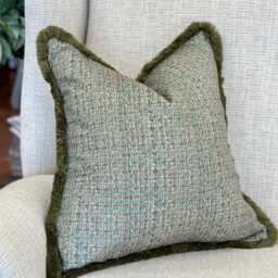 Green Printed Velvet Fringed Cushion Cover Throw Pillow Cover With Bespoke Fringe + All Sizes - thumbnail 3