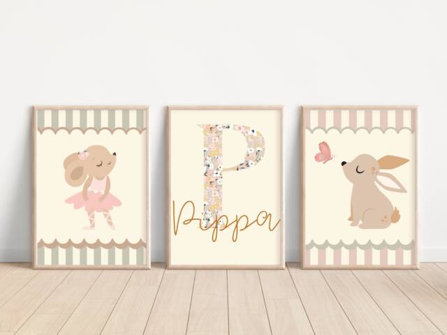Girls Nursery Prints, Set Of 3 Pretty Flower Initial, Bunny & Ballerina Mouse Prints - Prints Only - image 1