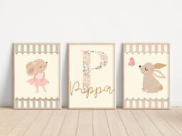 Girls Nursery Prints, Set Of 3 Pretty Flower Initial, Bunny & Ballerina Mouse Prints - Prints Only - thumbnail 1