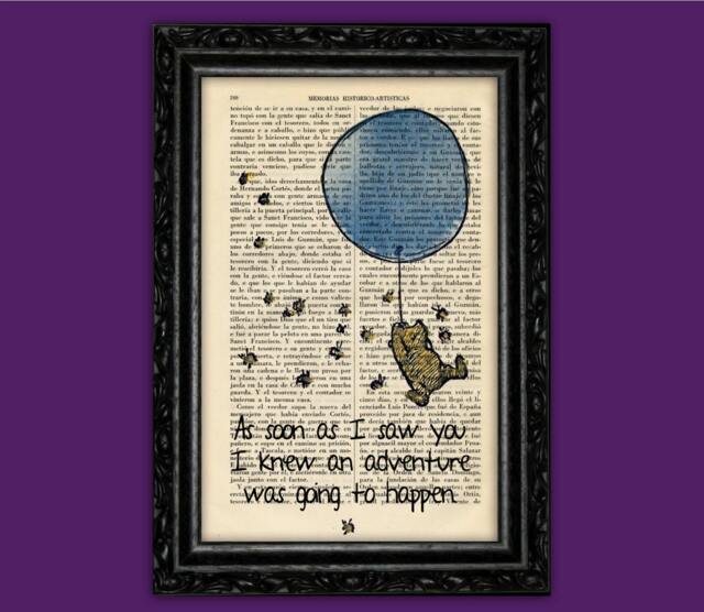 Winnie The Pooh - Blue Balloon Adventure Quote On Vintage Dictionary Page Nursery Wall Art Kids Room Decor - 56-N3 - image 1