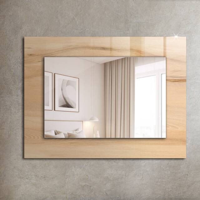 Wooden Board Texture Mirror, Rectangular Mirror With Frame, Beige Wall Printed Decorative Bathroom - image 1