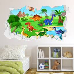 Dinosaur Wall Sticker - Colourful Cartoon Land Broken Decal Kids Art - thumbnail 2