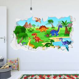 Dinosaur Wall Sticker - Colourful Cartoon Land Broken Decal Kids Art - thumbnail 1