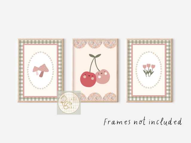 Set Of 3 Gingham Pink & Green Cherry Wildflower Prints - Prints Only - image 1