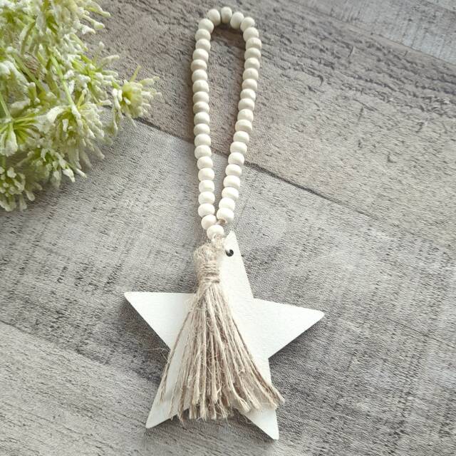 Beaded Wooden Hanging Star Decoration - The Home & Hearts Shop Rustic Shabby Wedding Gift Christmas Decor - image 1