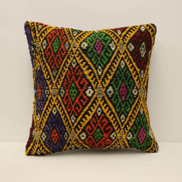 Vintage Turkish Kilim Pillow Cover, Bohemian Cushion, Wool Throw - 16x16 In - image 1