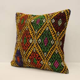 Vintage Turkish Kilim Pillow Cover, Bohemian Cushion, Wool Throw - 16x16 In - thumbnail 3
