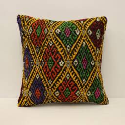 Vintage Turkish Kilim Pillow Cover, Bohemian Cushion, Wool Throw - 16x16 In - thumbnail 1